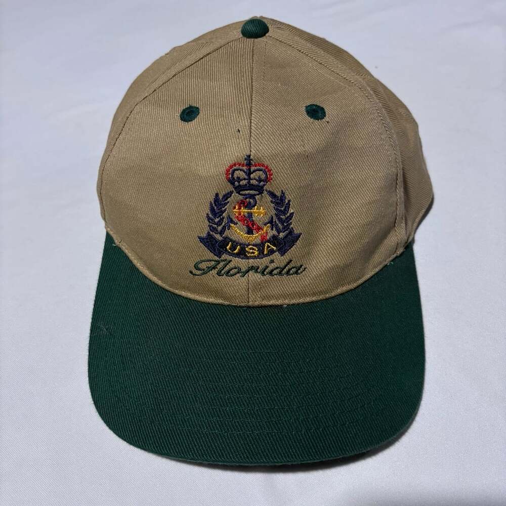 Vtg 90s Florida USA Snapback Hat Two Tone Khaki Green Nautical Anchor Crest Cap
